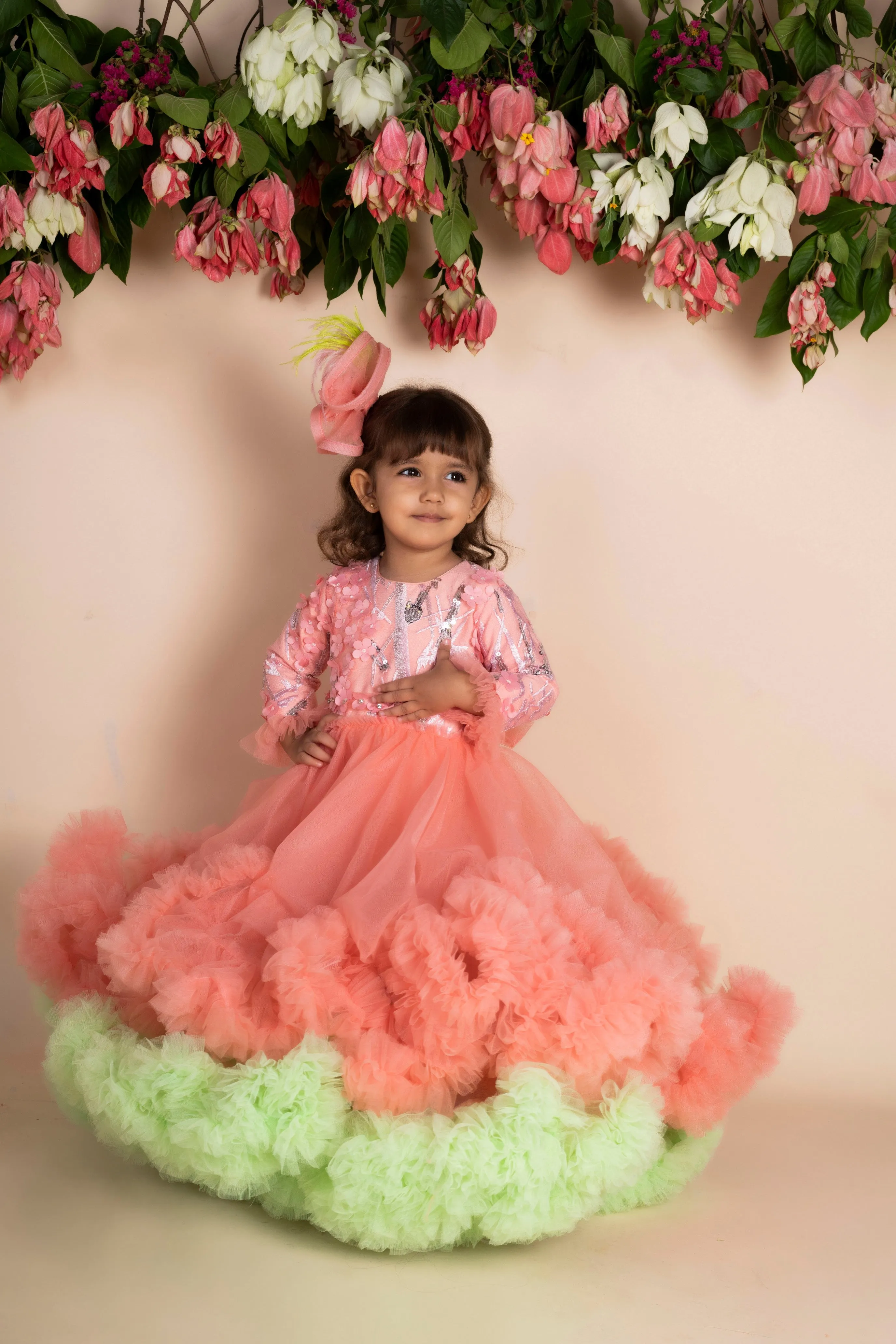 Pre-Order:  3D Flower Peach Green Ruffled gown