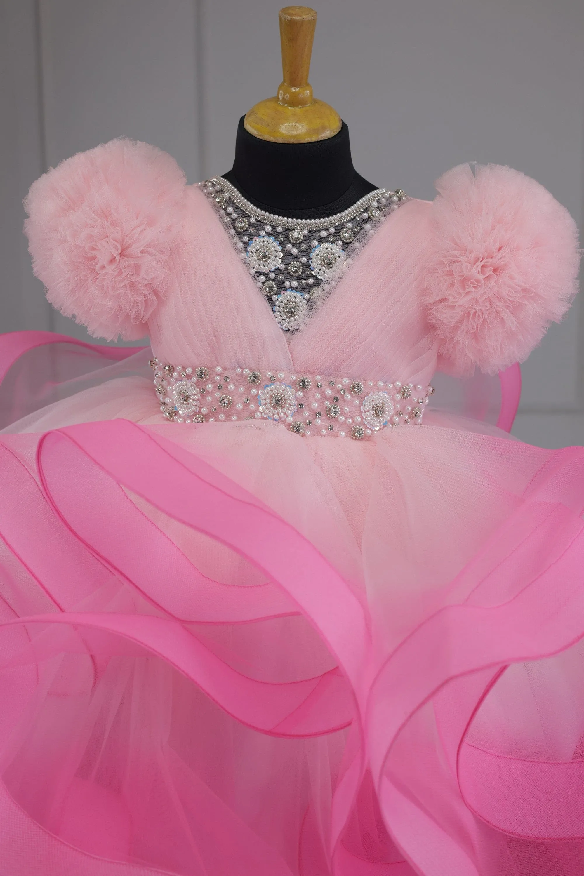 Pre-Order:  Icey Pink And Rose Pink Twirled Gown With Rich White Bead Work Gown