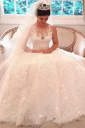 Princess Shinny Lace Button A-Line Wedding Dresses With Trailing PFW0064