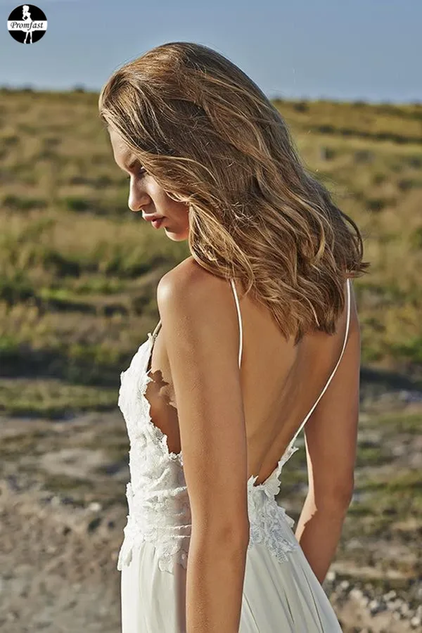 Promfast Boho Lace White Beach Wedding Dresses Sexy Open Backs Wedding Gown PFW0486