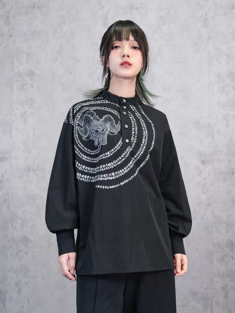 "Immortal Legend" Chinese Style Printed Loose Slimming Black Top