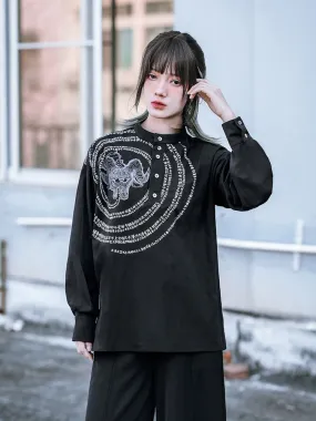 "Immortal Legend" Chinese Style Printed Loose Slimming Black Top