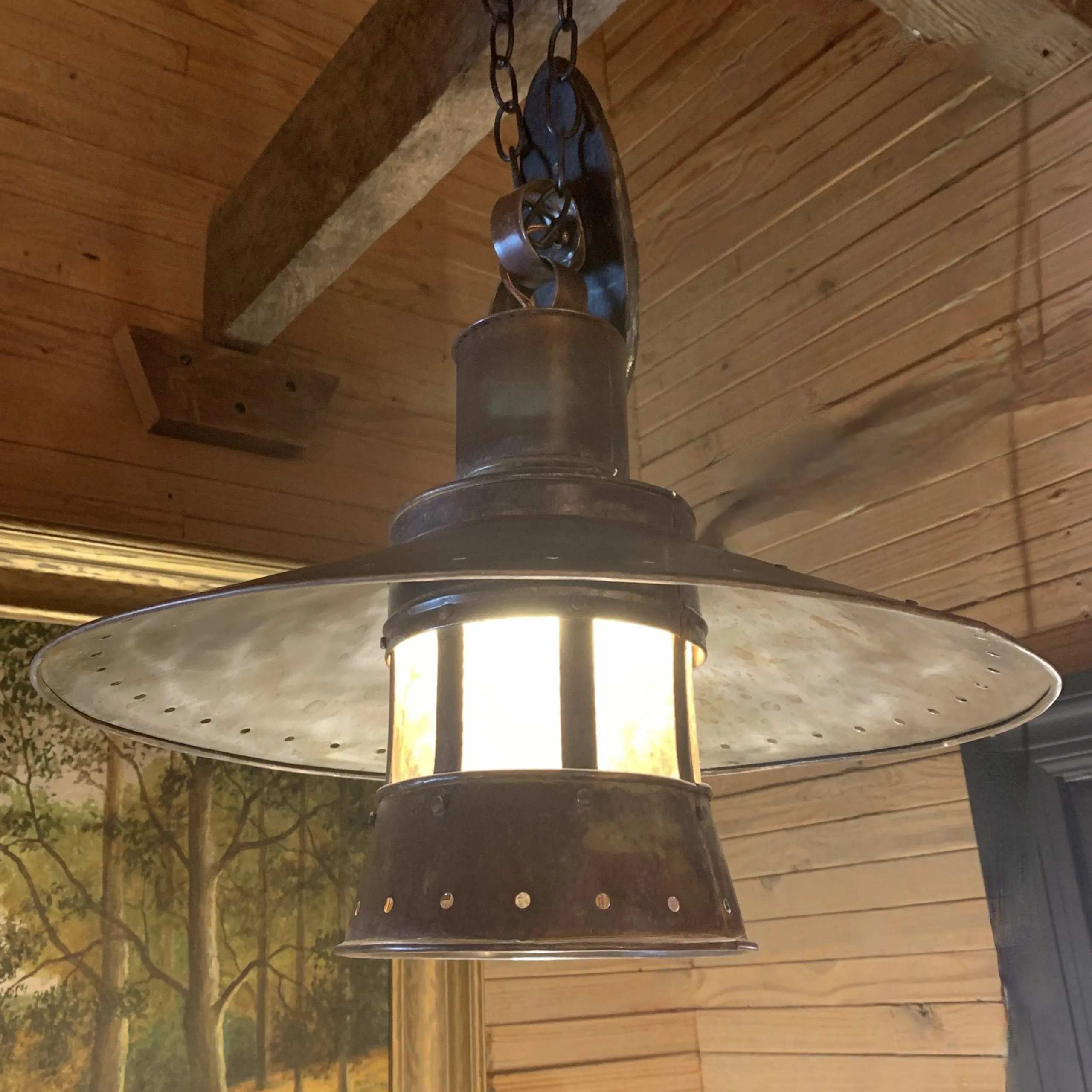 Roaring Forge Copper Pendant Light, Rustic, Mica Glass