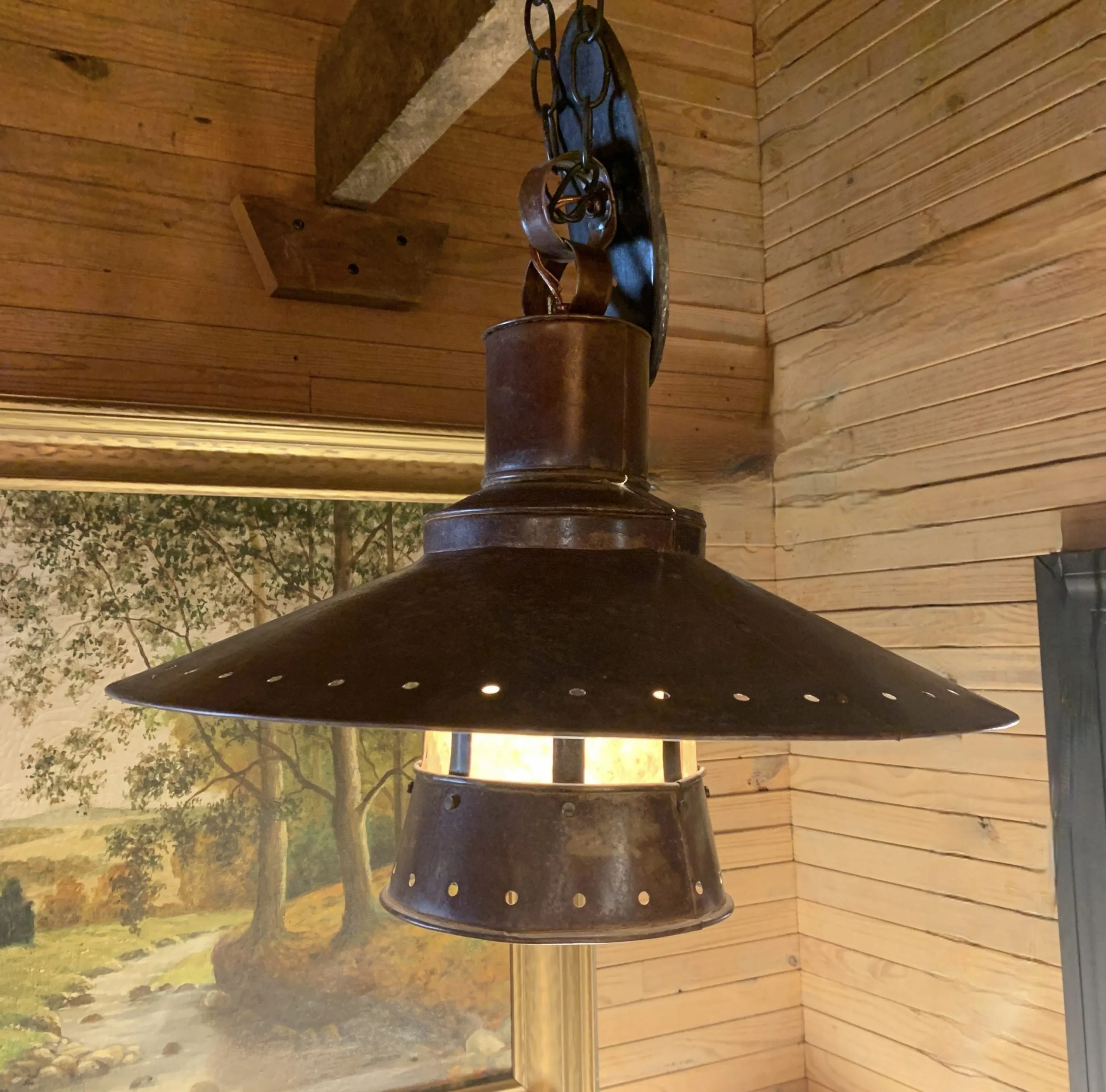 Roaring Forge Copper Pendant Light, Rustic, Mica Glass