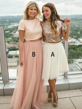 Romantic Short Sleeve Rose Pink Mismatched Two Piece Bridesmaid Dresses with Tulle Skirts
