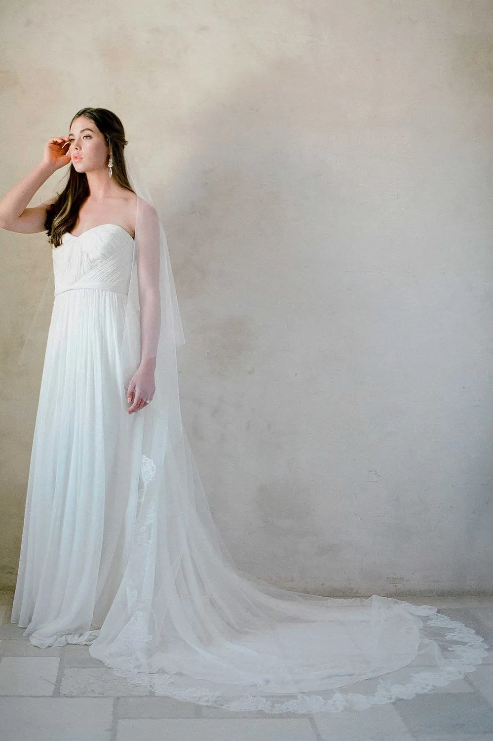 Roseline French Lace Blusher Cathedral Veil in Ivory or Off-white - style V70