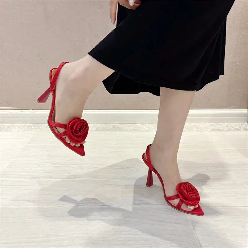 Satin  Flower Pointed Open Toe Back Strap High heels Sandals