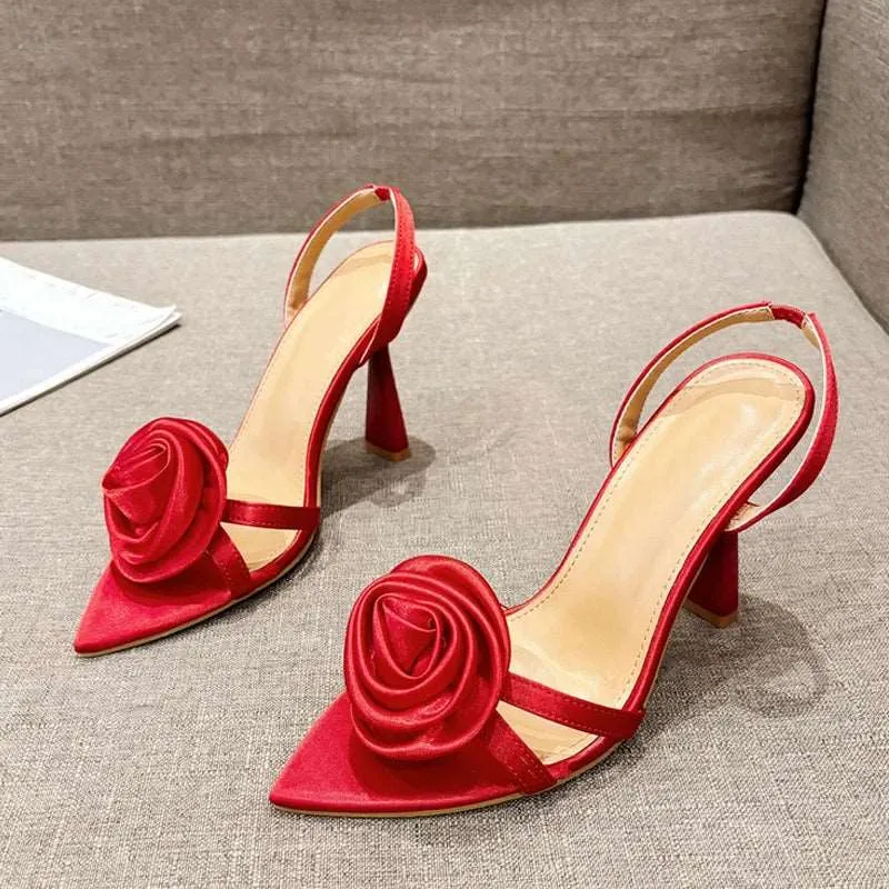Satin  Flower Pointed Open Toe Back Strap High heels Sandals