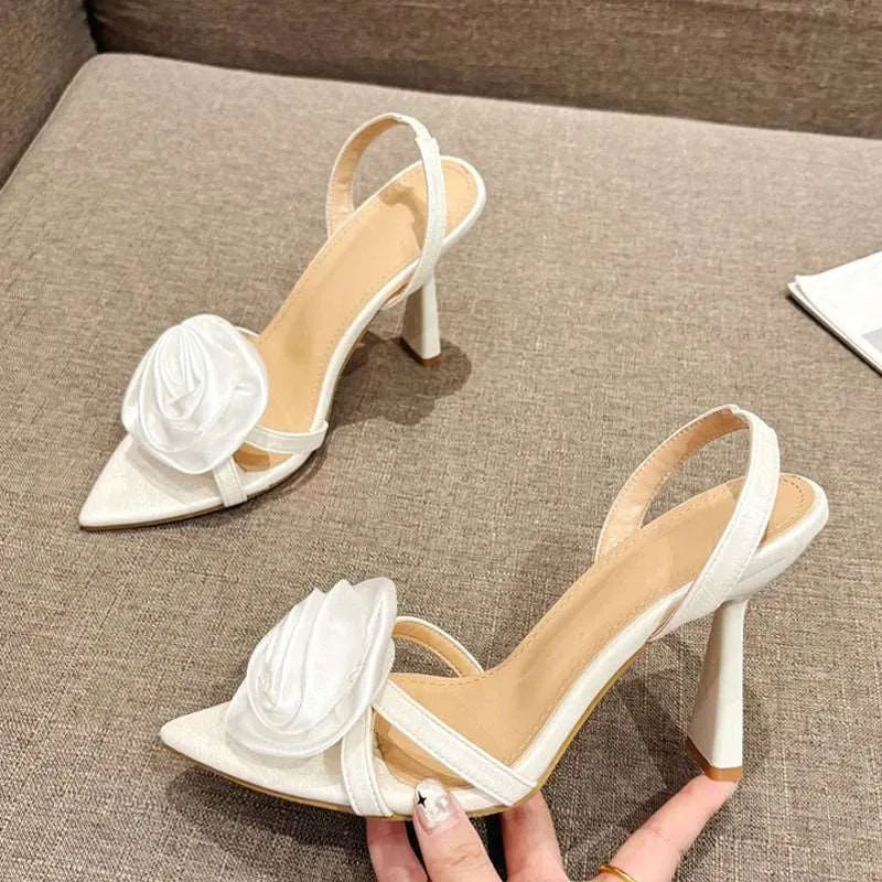 Satin  Flower Pointed Open Toe Back Strap High heels Sandals