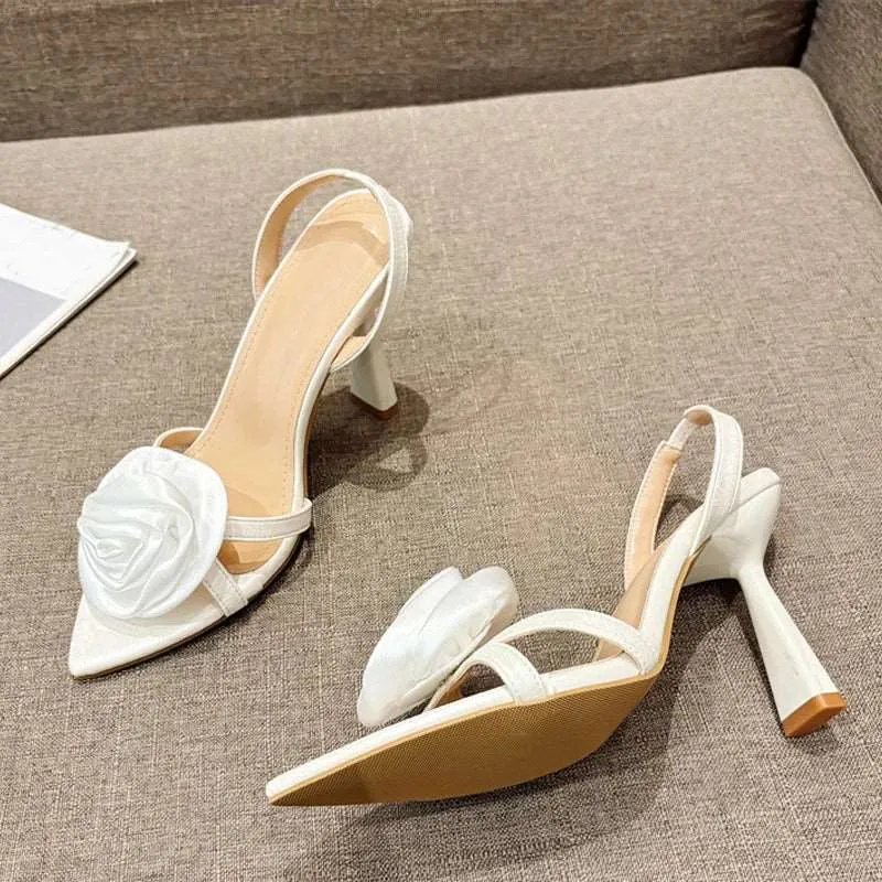 Satin  Flower Pointed Open Toe Back Strap High heels Sandals