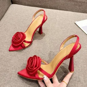Satin  Flower Pointed Open Toe Back Strap High heels Sandals