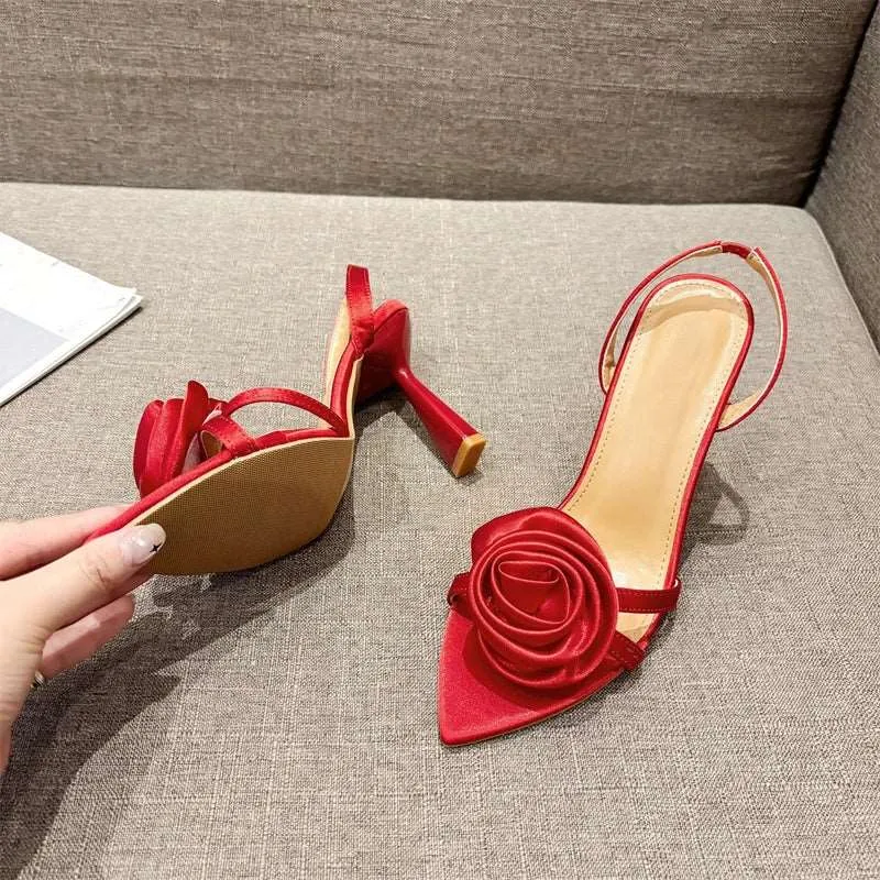 Satin  Flower Pointed Open Toe Back Strap High heels Sandals