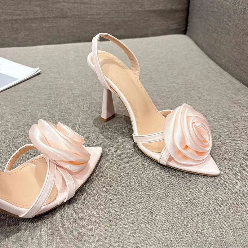 Satin  Flower Pointed Open Toe Back Strap High heels Sandals