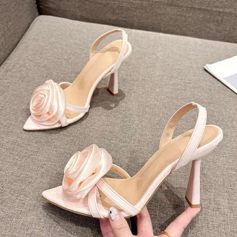 Satin  Flower Pointed Open Toe Back Strap High heels Sandals