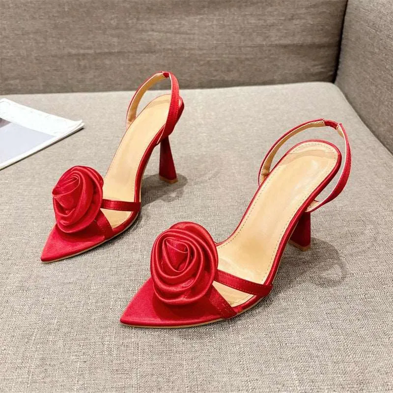 Satin  Flower Pointed Open Toe Back Strap High heels Sandals