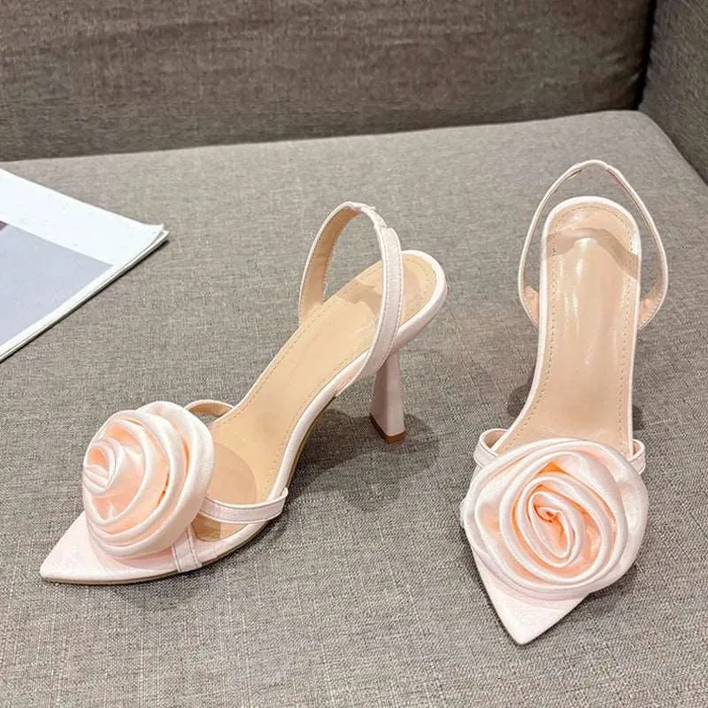 Satin  Flower Pointed Open Toe Back Strap High heels Sandals
