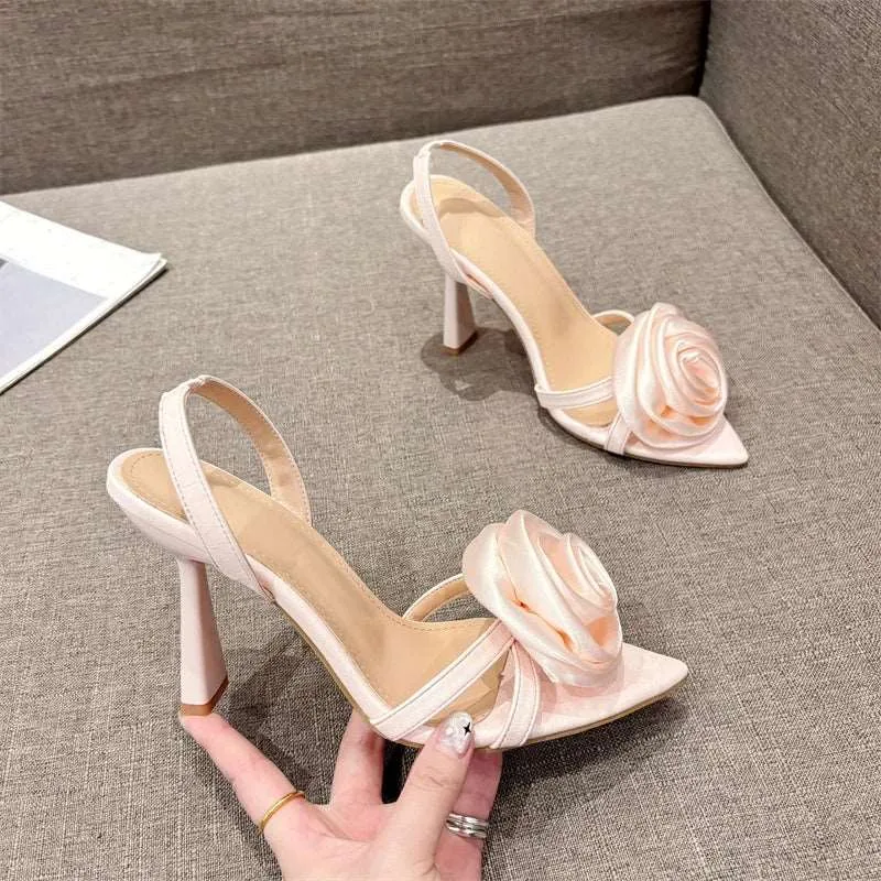 Satin  Flower Pointed Open Toe Back Strap High heels Sandals