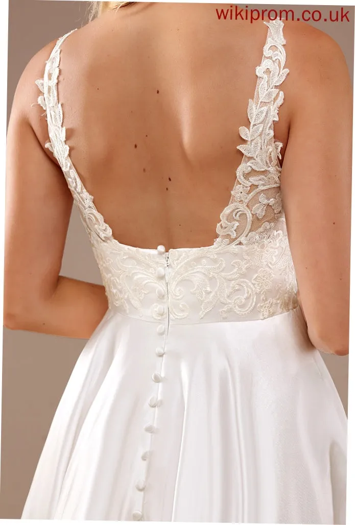 Satin Lace Lace With Floor-Length Dress Ball-Gown/Princess V-neck Wedding Brynn Wedding Dresses Pockets