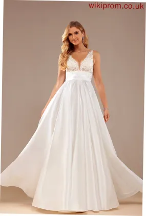 Satin Lace Lace With Floor-Length Dress Ball-Gown/Princess V-neck Wedding Brynn Wedding Dresses Pockets