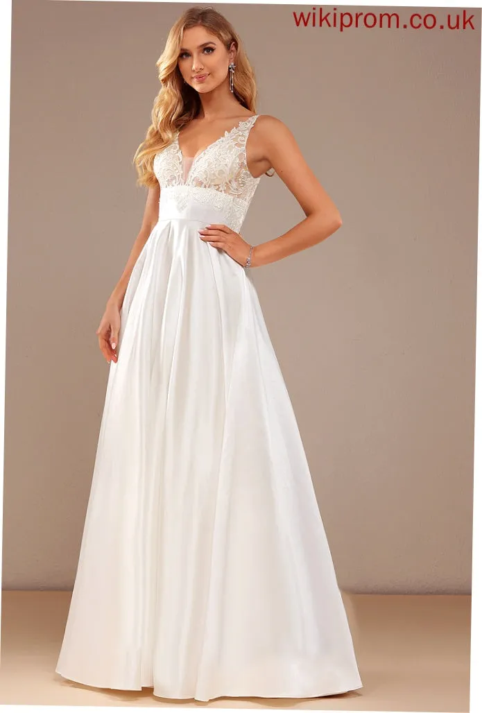 Satin Lace Lace With Floor-Length Dress Ball-Gown/Princess V-neck Wedding Brynn Wedding Dresses Pockets