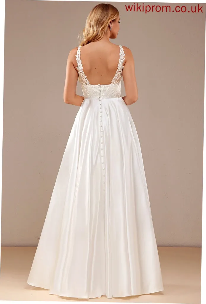 Satin Lace Lace With Floor-Length Dress Ball-Gown/Princess V-neck Wedding Brynn Wedding Dresses Pockets