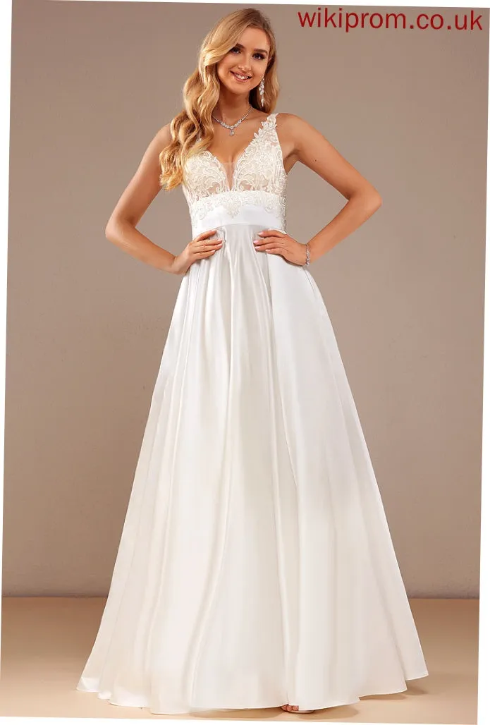 Satin Lace Lace With Floor-Length Dress Ball-Gown/Princess V-neck Wedding Brynn Wedding Dresses Pockets