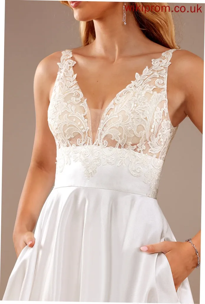 Satin Lace Lace With Floor-Length Dress Ball-Gown/Princess V-neck Wedding Brynn Wedding Dresses Pockets
