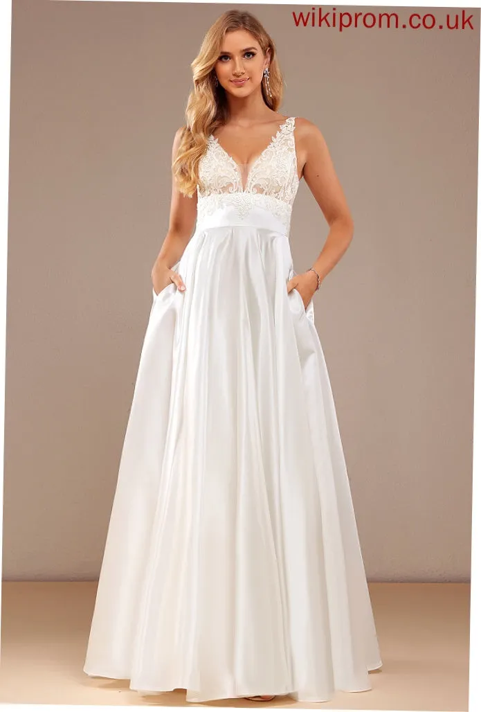 Satin Lace Lace With Floor-Length Dress Ball-Gown/Princess V-neck Wedding Brynn Wedding Dresses Pockets