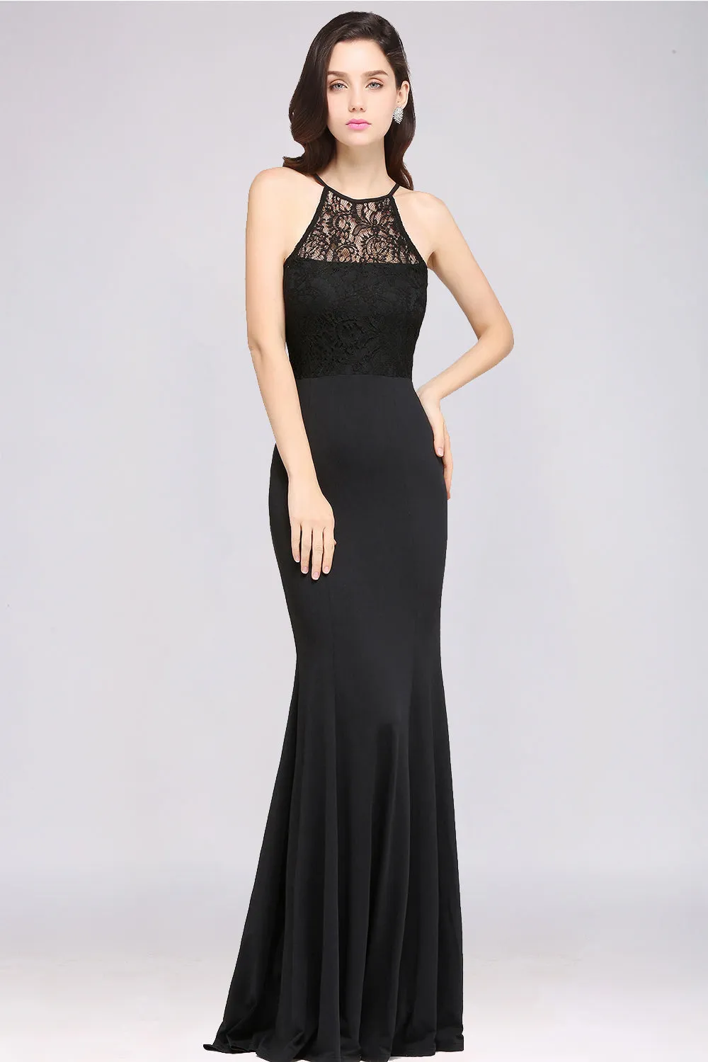 Sexy Long Mermaid Chiffon Lace Jewel Sleeveless Keyhole Bridesmaid Dress