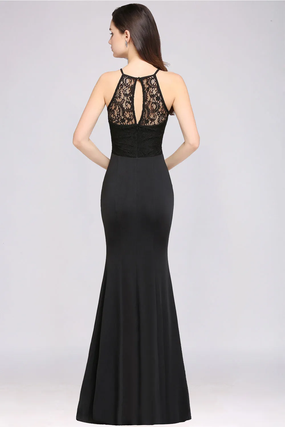 Sexy Long Mermaid Chiffon Lace Jewel Sleeveless Keyhole Bridesmaid Dress