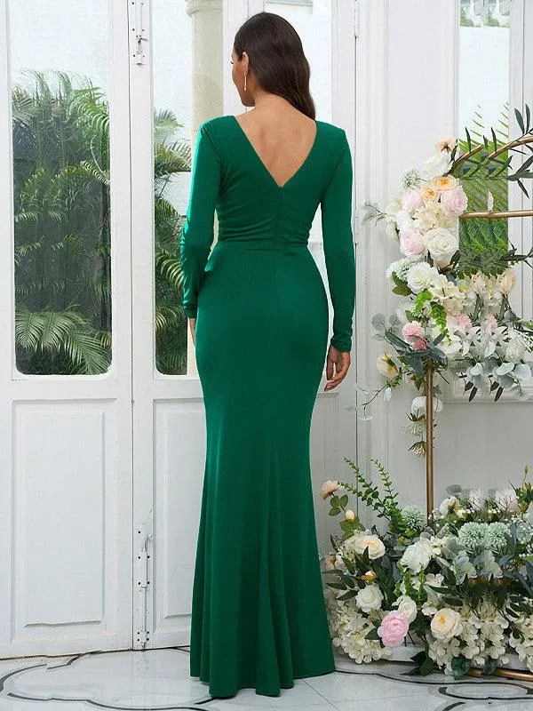Sheath/Column Jersey Ruched V-neck Long Sleeves Floor-Length Bridesmaid Dresses