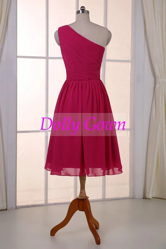 Short One Shoulder Hot Pink Bridesmaid Dresses