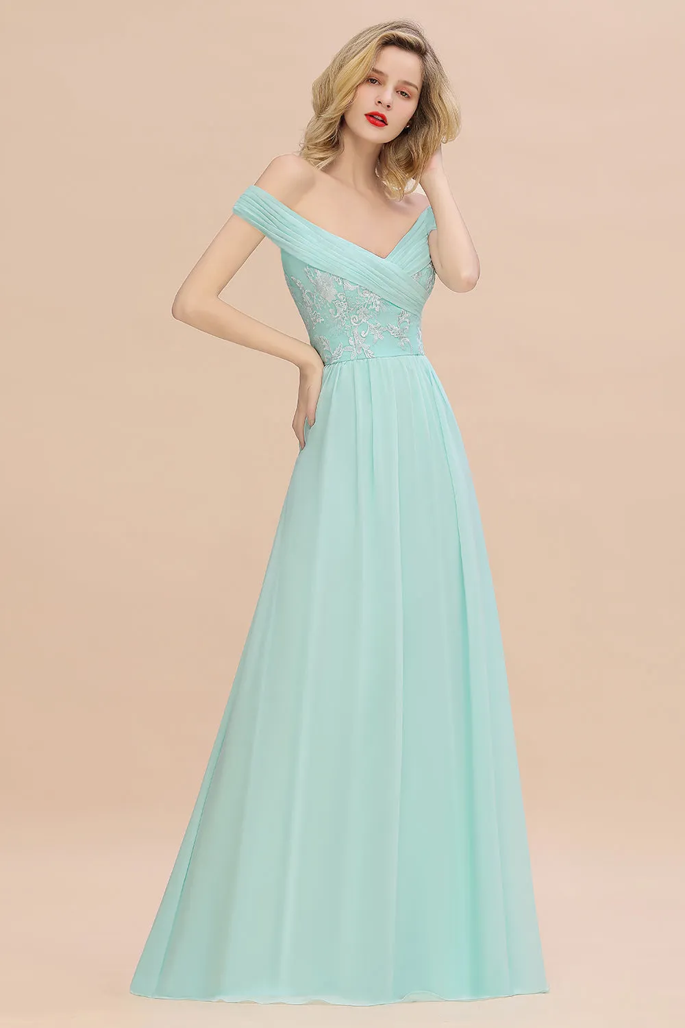 Simple Long A-line Ruffles Off-the-shoulder Bridesmaid Dress with Appliques Lace