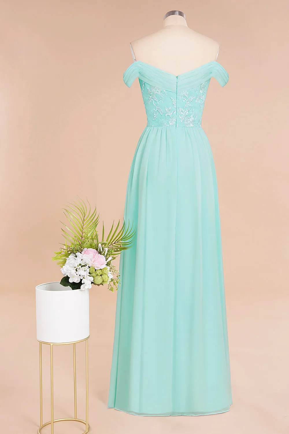 Simple Long A-line Ruffles Off-the-shoulder Bridesmaid Dress with Appliques Lace