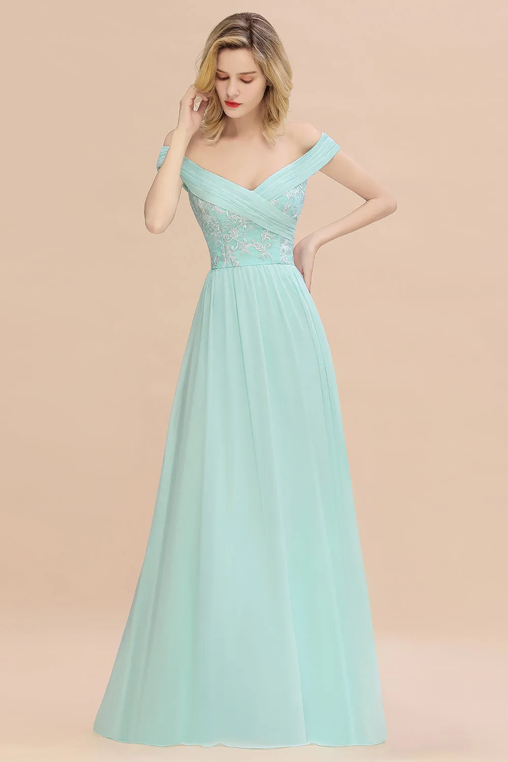 Simple Long A-line Ruffles Off-the-shoulder Bridesmaid Dress with Appliques Lace