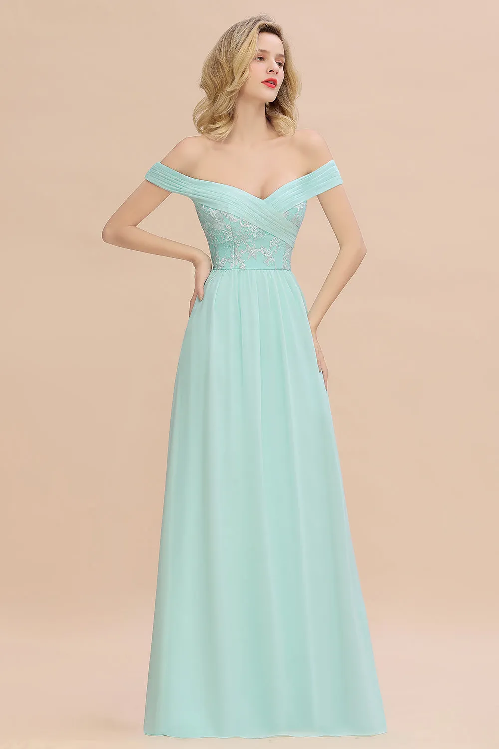 Simple Long A-line Ruffles Off-the-shoulder Bridesmaid Dress with Appliques Lace