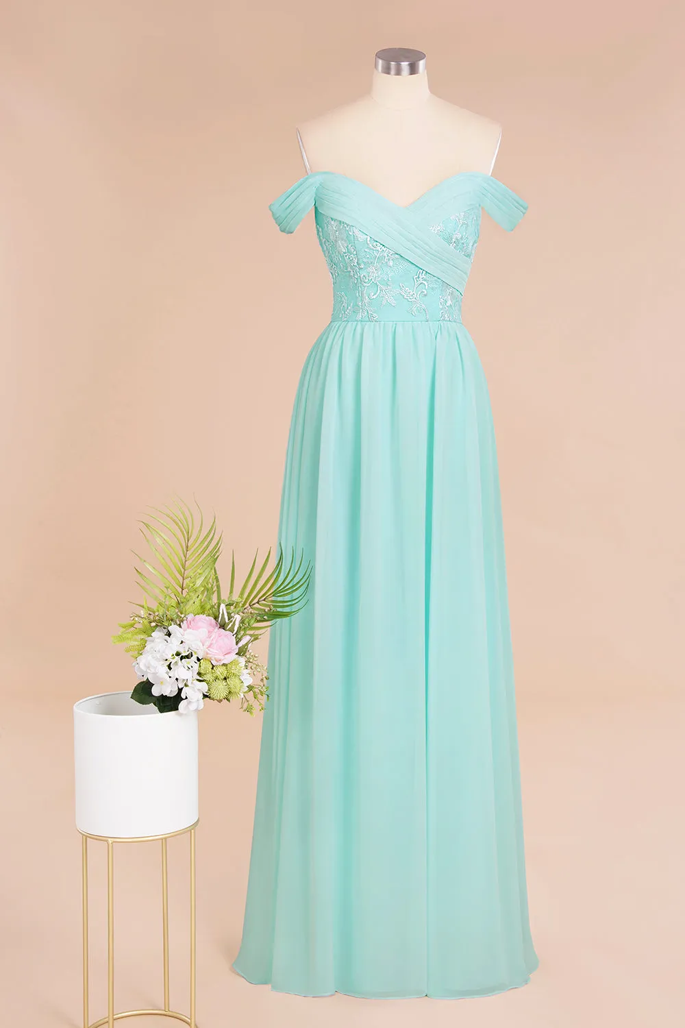 Simple Long A-line Ruffles Off-the-shoulder Bridesmaid Dress with Appliques Lace