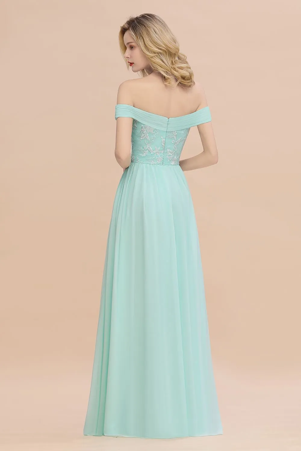 Simple Long A-line Ruffles Off-the-shoulder Bridesmaid Dress with Appliques Lace