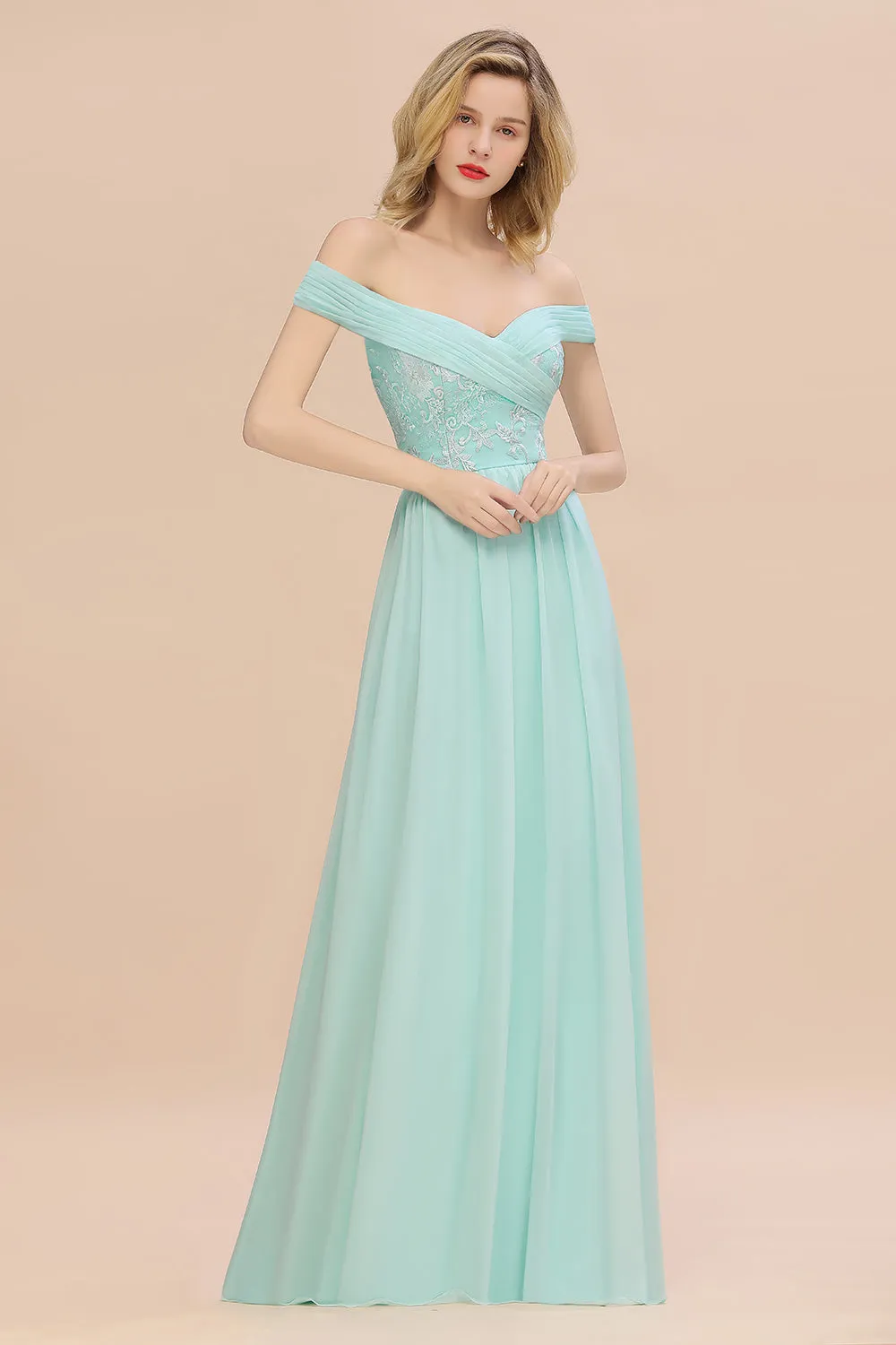Simple Long A-line Ruffles Off-the-shoulder Bridesmaid Dress with Appliques Lace