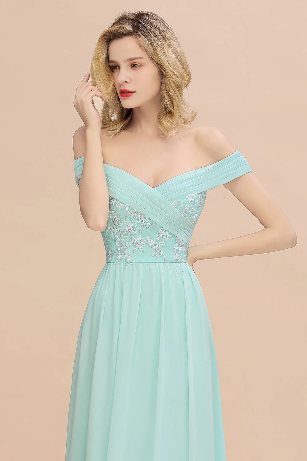 Simple Long A-line Ruffles Off-the-shoulder Bridesmaid Dress with Appliques Lace
