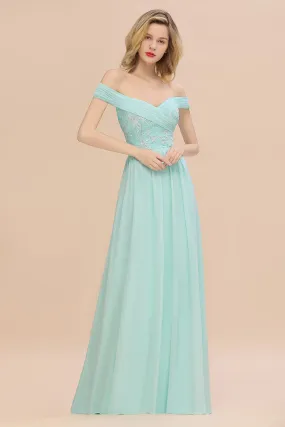 Simple Long A-line Ruffles Off-the-shoulder Bridesmaid Dress with Appliques Lace