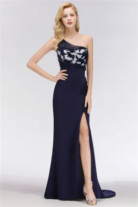 Simple Long One Shoulder Mermaid Bridesmaid Dress with Slit