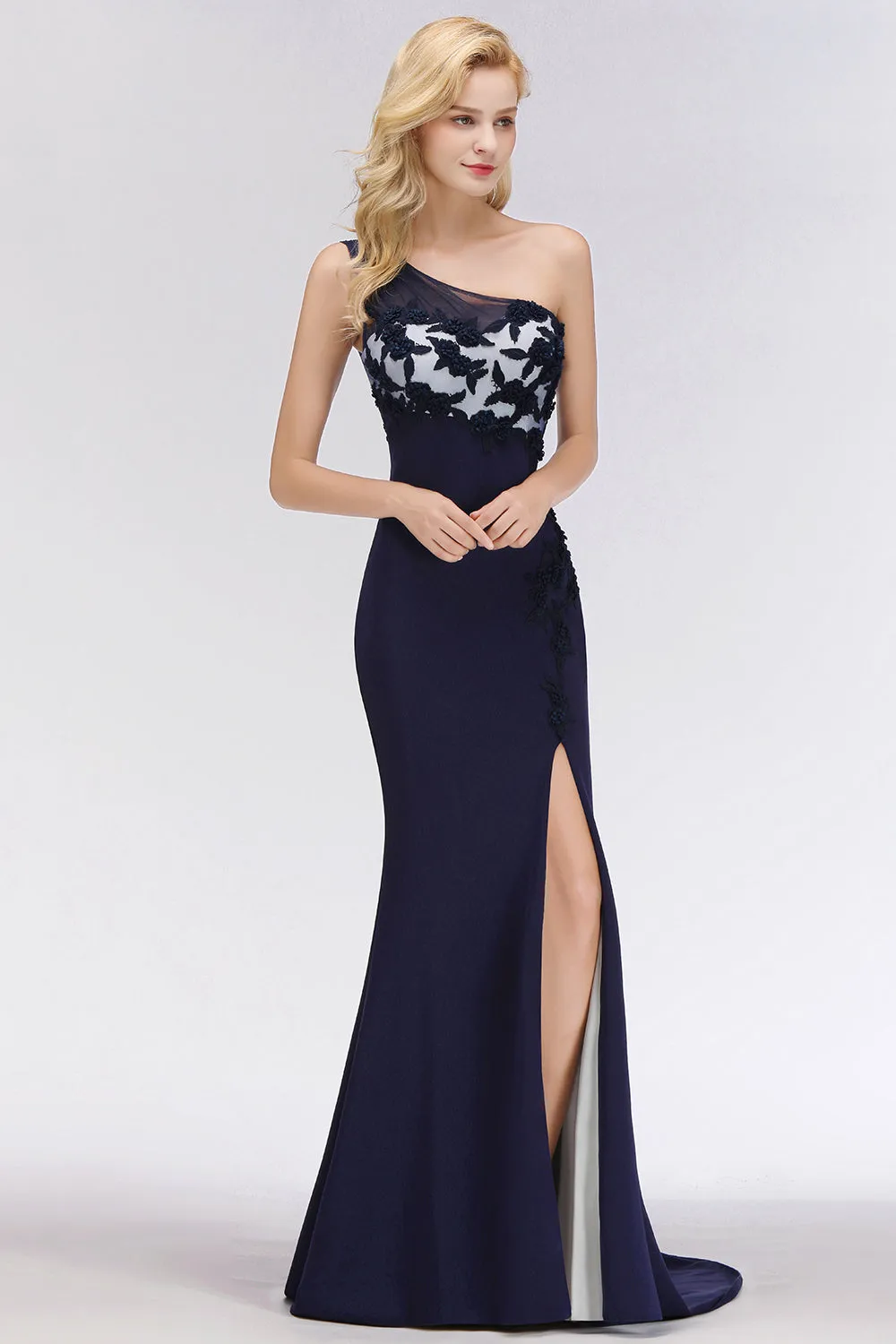 Simple Long One Shoulder Mermaid Bridesmaid Dress with Slit