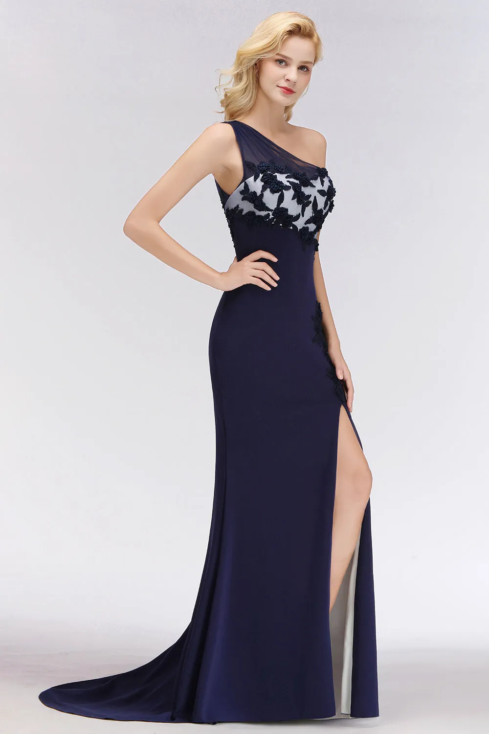 Simple Long One Shoulder Mermaid Bridesmaid Dress with Slit