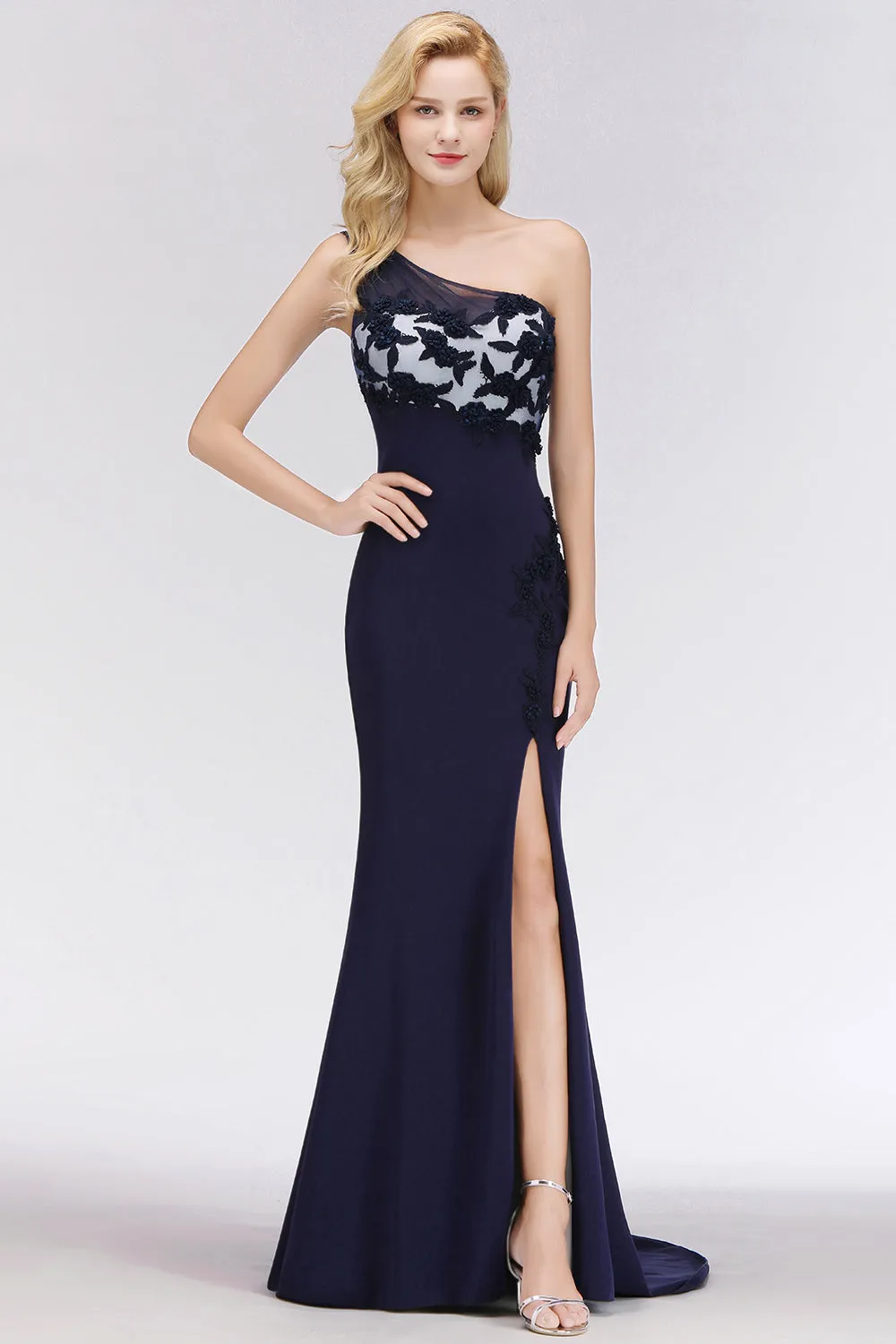 Simple Long One Shoulder Mermaid Bridesmaid Dress with Slit