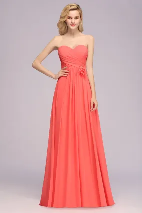 Simple Long Sweetheart Strapless A-line Bridesmaid Dress with Flower