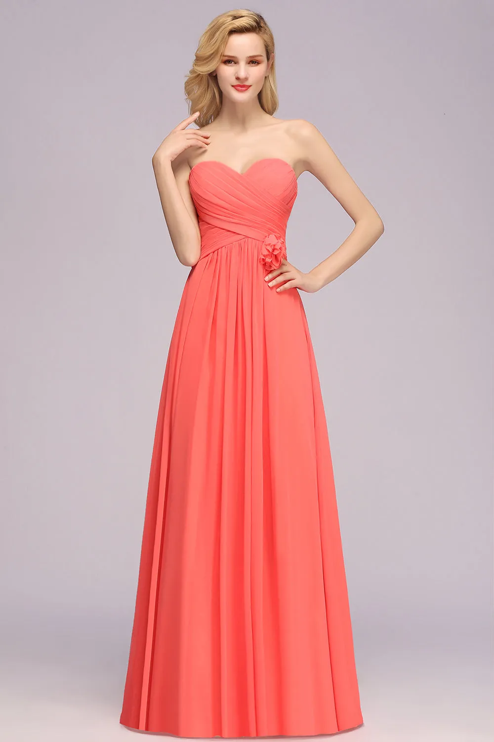Simple Long Sweetheart Strapless A-line Bridesmaid Dress with Flower