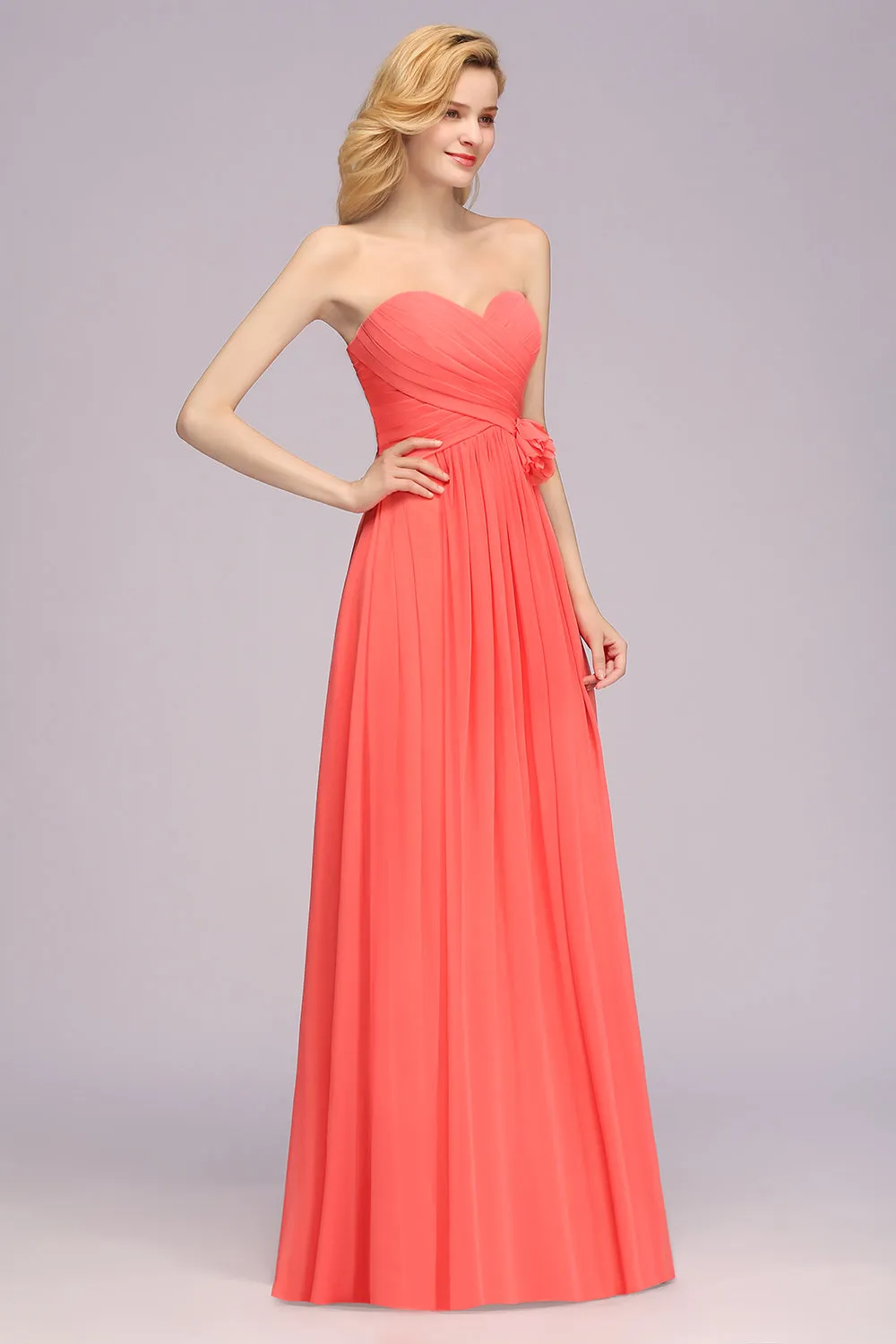 Simple Long Sweetheart Strapless A-line Bridesmaid Dress with Flower