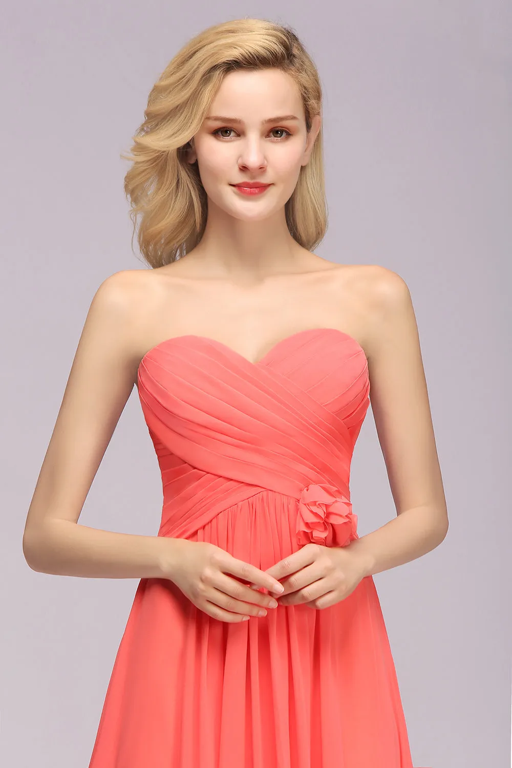 Simple Long Sweetheart Strapless A-line Bridesmaid Dress with Flower