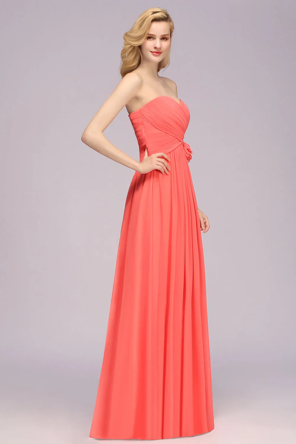 Simple Long Sweetheart Strapless A-line Bridesmaid Dress with Flower